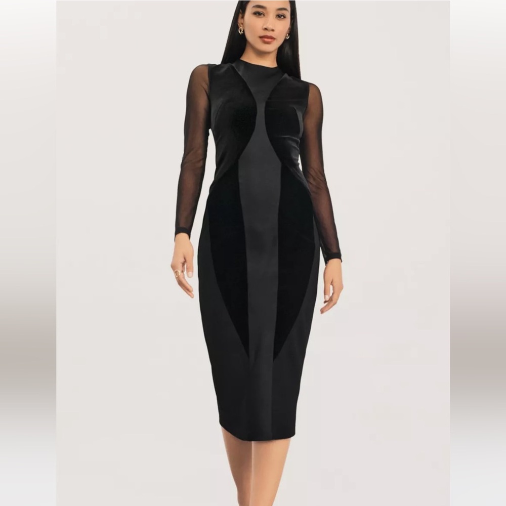 Donna Karan black lined mesh sleeves MIDI dress